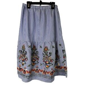 MAGIC Striped Floral Aline Embroidered Elastic Waist Midi Boho Skirt Size Small